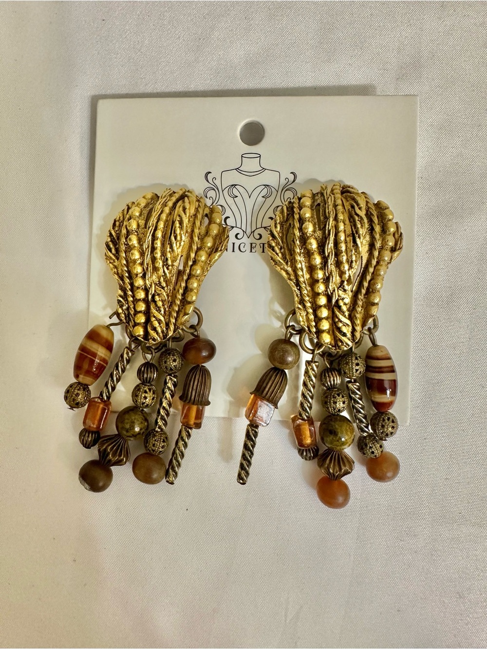1980s Vintage SIGNED Kate Hines Gold-Tone Boho Glass & Beaded Drop Earrings
